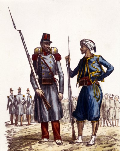 フランスの軍服。左は1831年に結成されアルジェリアに派遣された外国人部隊。右は1841年に訓練されアルジェリアに派遣された土着の騎兵。L