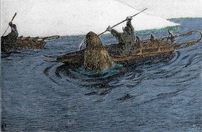 Fridtjof Nansen（1861-1930）ノルウェーの探検家、1896年の北極点遠征中にセイウチに襲われる。カヤックにシュリットを乗せている。19世紀のエングレーヴィング。 作： Unknown artist