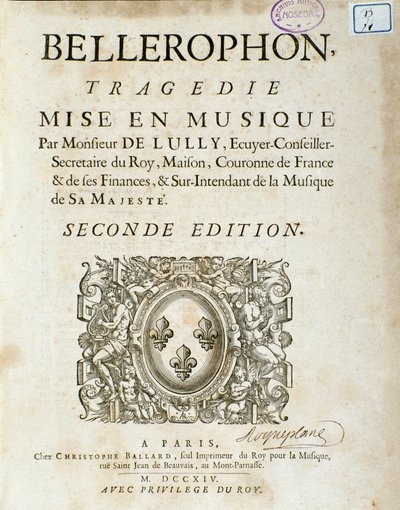 Jean Baptiste Lully (Giovanni Battista Lulli) (Jean-Baptiste) (1632-1687)のプロローグ付き全5幕の悲劇「Bellerophon」のフロントスプリット。1714. 作： Unknown artist