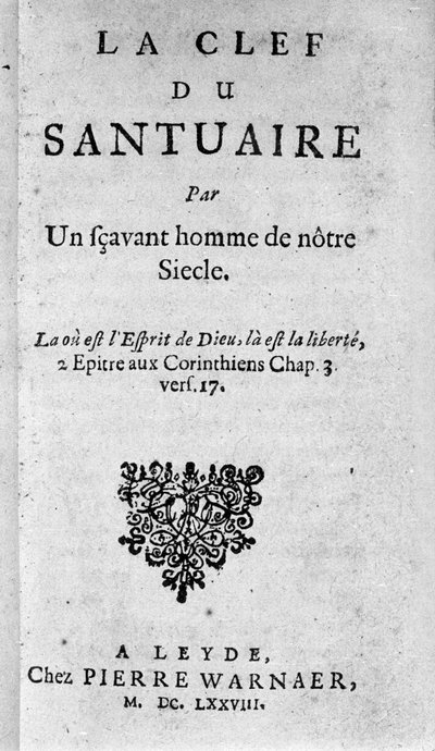 オランダの哲学者、バルーク・スピノザ（1632-1677）による「聖域への鍵」の正面図。1678 作： Unknown artist