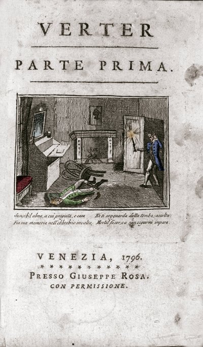 ヨハン・ヴォルフガング・フォン・ゲーテ（1749-1832）の『若きウェルテルの苦悩』のイタリア版の正面図 1796年（Frontispiece of an Italian edition "The Sorrows of the Young Werther" by Goethe 作： Unknown artist