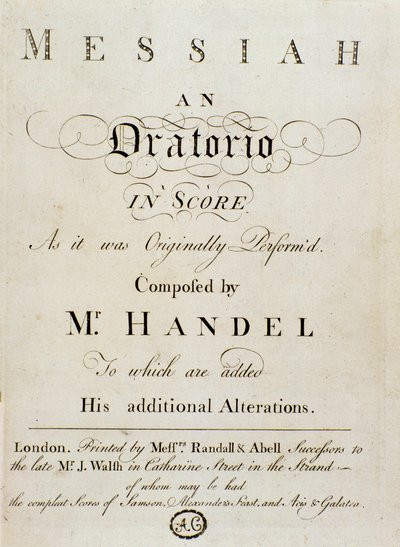 イギリスに帰化したドイツ人作曲家ジョージ・フリードリッヒ・ヘンデル（Georg Friedrich Handel）の楽譜「The Messiah」（メサイア）の正面図 作： Unknown artist