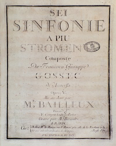 フランソワ・ジョセフ・ゴセックの「Sei sinfonie a piu strumenti op.5（第1交響曲）」のスコアの扉。フランソワ・ジョセフ・ゴセック作曲「交響曲第1番」の楽譜（正面 作： Unknown artist