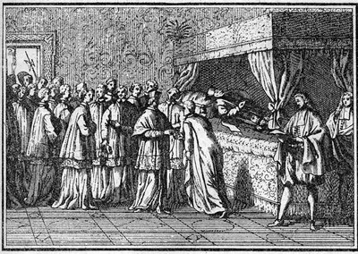 18世紀の教皇の葬儀：死んだ教皇の遺体の認識。Histoire des religions "に掲載されている図版。 作： Unknown artist