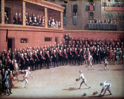 腕にボールを当てるゲーム - 18世紀初頭の絵画。匿名。ナポリ、サンマルティーノ国立博物館。 作： Unknown artist