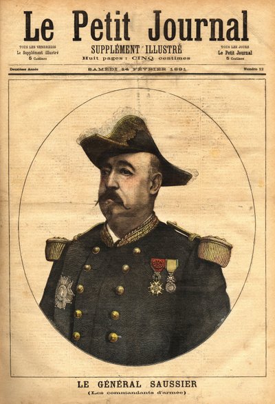 フェリックス・グスタフ(Felix-Gustave) Saussier(1828-1905)将軍は、1882年から1902年まで陸軍司令官となり、戦争の上層部評議会のメンバーとなった。1891年2月14日付「Le petit journal illustrious」に掲載されたエングレーヴィング。セルバのコレクション。 作： Unknown artist