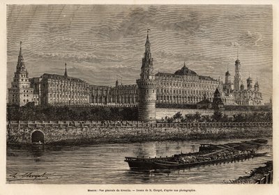 モスクワの地理的中心であり、ロシアの政治的中心であるクレムリンの全景。14世紀に建設されたこの地区は、国の歴史的周縁部において常に拡張・修復されてきました。ラ・ルス」の説明のためのエングレーヴィング 作： Unknown artist