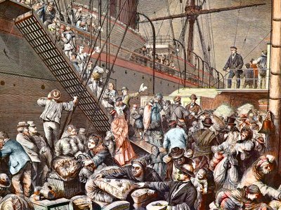 1874年、ハンブルグの蒸気船に乗り込むニューヨークへのドイツ移民たち、エングレービング - (Deutsche Emigranten) 作： Unknown artist