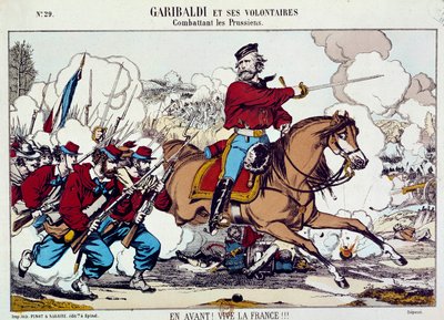 ジュゼッペ・ガリバルディ（1807-1882）が志願兵と一緒にプロイセンと戦っている様子。"前進、フランス万歳 "1871年頃。エングレーヴィング B.N.パリ 作： Unknown artist