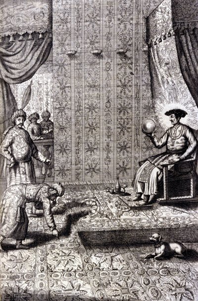 グランド・モゴール（MogolまたはMoghul）（おそらくアウラングゼーブ（1618-1707）、アラムギールとも呼ばれる）：玉座の広間。"De China Monumenta" アタナシウス・キルヒャー（1601 - 1680）、イエズス会、東洋学者、ドイツ人学者、アムステルダム1667年。 作： Unknown artist