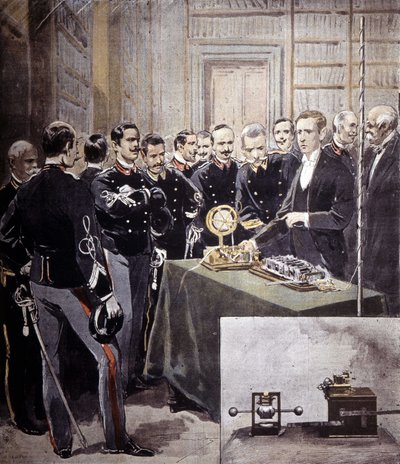グリエルモ・マルコーニは、1897年に海軍省の会議で無線電信（TSF）を発表した。 作： Unknown artist
