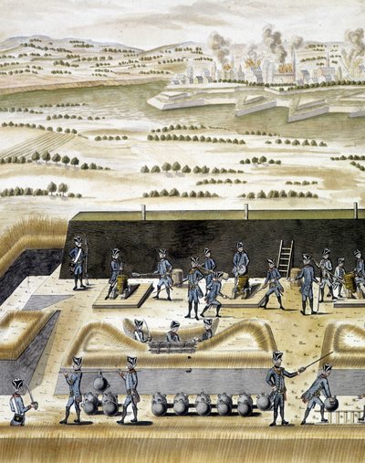 フランソワ・リンジェ著「砲術の研究」（ストラスブール）に掲載されている砲手の作業風景。 作： Unknown artist