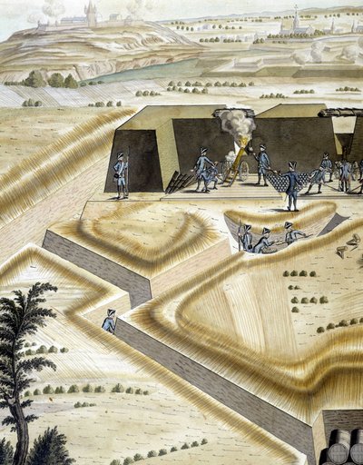 フランソワ・リンジェ著「砲術の研究」（ストラスブール）に掲載されている砲手の作業風景。 作： Unknown artist
