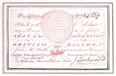1785年3月23日、ロンドンのトッテナムコートロードでの気球上昇の半ギニーチケット 作： Unknown artist