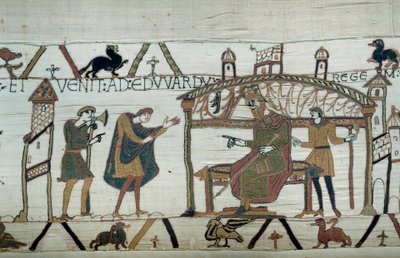 征服王ウィリアム（1027-1087）への使節を終えてイングランドに戻ったハロルドは、エドワード懺悔王に旅の記録を語った。 バイユーのタペストリー」または「マチルド王妃の刺繍」のディテール 作： Unknown artist