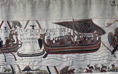嵐に襲われたハロルド2世（1022〜1066）の船がポンチューの海岸に取り残された - マチルド王妃の刺繍として知られるバイユータペストリー 作： Unknown artist