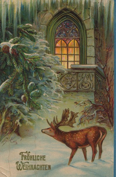 雄鹿と教会の冬をモチーフにした歴史あるクリスマスカード 作： Unknown artist