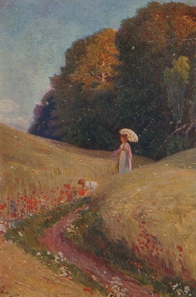 絵の後の歴史的なグリーティングカード、花の草原を歩く母と娘 作： Unknown artist