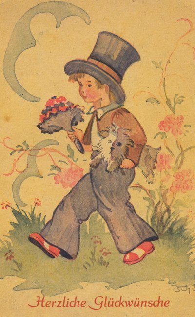 花束を持った少年と小型犬の歴史的なポストカード、グリーティング カード 作： Unknown artist