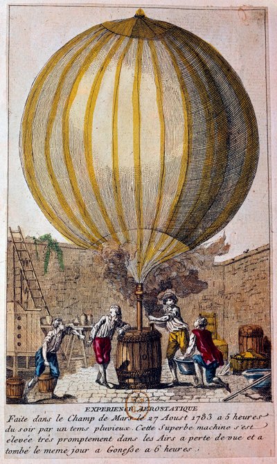 気球の歴史：1783年8月27日、パリのシャン・ド・マルスで行われた空気静力学の体験：ジャック・シャルル（1746-1823）によって気球に水素ガスが充填される。18世紀のパリのエングレーヴィング、B.N. 作： Unknown artist