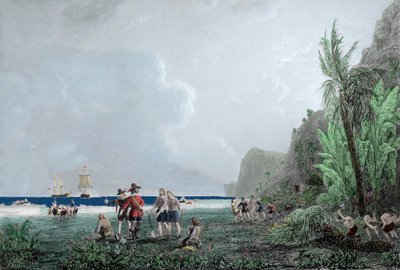 フランス植民地の歴史：1625年から1635年にかけて西インド諸島のサンクリストフ（サンキッツ）とマルティニークに植民地を設立したフランス人のピエール・ベラン・ダナンビュック - 開拓者が先住民を捕らえる - 18世紀のエングレーヴィング 作： Unknown artist