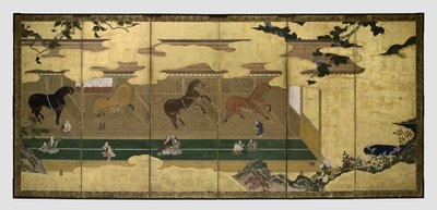 厩舎の馬たち（馬屋図屏風） 作： Unknown artist