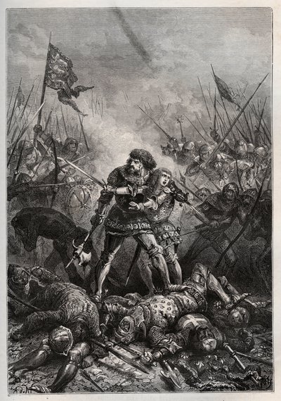 百年戦争：「フィリップ・ル・アルディ」として知られるフランス王ジョン2世善良王とその息子ブルゴーニュ公フィリップ2世（1342-1404）、ポワティエの戦いでイングランドと戦う（1356年9月19日）（フランス王ジョン2世（1319-1364）とその息子フィリップ 作： Unknown artist