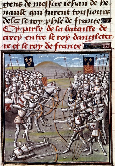 百年戦争：1346年8月26日、フランス軍とイギリス軍の間で行われたクレシーの戦い。ジャン・フロワサール（1337-1400）の年代記からのミニチュア 作： Unknown artist