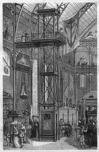 メギー・エチェベリアとバザンが発明した油圧式エレベーターで、1875年にパレ・ド・インダストリで開催された国際河川・海事産業博覧会に出展された。"L