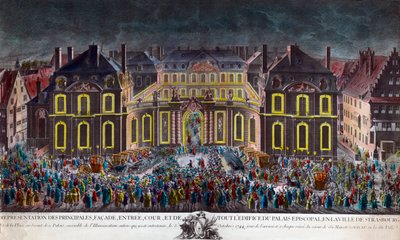 1744年10月5日、国王ルイ15世（1710年～1774年）が重い病気で療養のために滞在している間に、ストラスブール市が行った祝賀行事の際に、ストラスブール市の司教座の宮殿に設置されたイルミネーション。ピリオド・プリント プライベート・コレクション 作： Unknown artist
