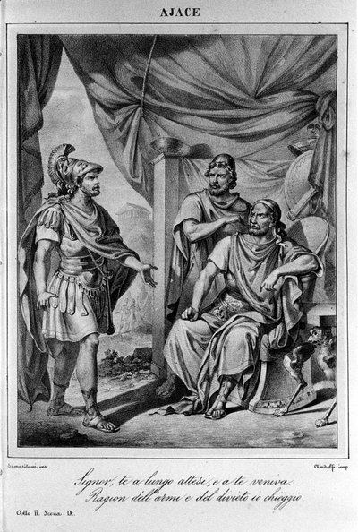 イタリアの詩人・劇作家ウーゴ・フォスコロ（1778-1827）による『エイジャックス（Aiace）』第2幕第9場の挿絵（19世紀 作： Unknown artist