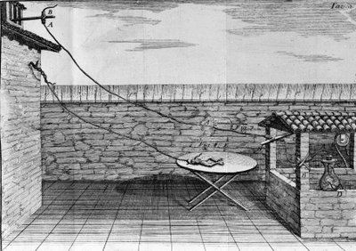 イタリアの物理学者・医師であるルイジ・ガルヴァーニ（1737〜1798）が、カエルの足に電流が流れることを説明した実験の図。 作： Unknown artist