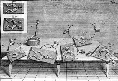イタリアの物理学者・医師であるルイジ・ガルヴァーニ（1737〜1798）が、カエルの足に電流が流れることを説明した実験の図解。 作： Unknown artist