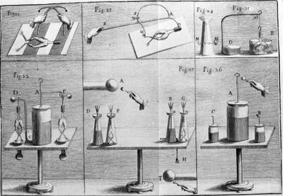 イタリアの物理学者・医師であるルイジ・ガルヴァーニ（1737〜1798）が、カエルの足に電流が流れることを説明した実験の図。 作： Unknown artist