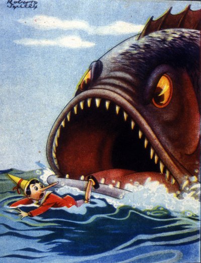 カルロ・コロディの物語「ピノキオ」のイラストです。巨大な魚がピノキオを食べようとしている。 作： Unknown artist
