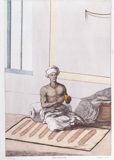 インドの文化・文明・社会：インドの伝統的なパーカッションを持つ音楽家。1808年に描かれた版画。 作： Unknown artist