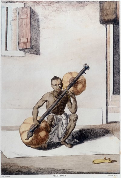 インドの文化・文明・社会：インドの伝統的な弦楽器を持つ音楽家。1808年に描かれたもの。 作： Unknown artist