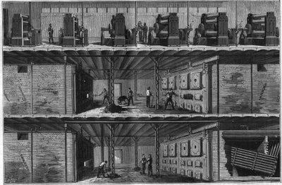 1884年、ニューヨークのセントラル・エレクトリット・ディストリビューション・ステーション（エジソン・システム）にボイラーとスチーム・ダイナモを設置。 作： Unknown artist