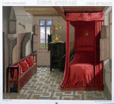 15～16世紀の家の内部。A.Racinetによる「Le costume historiqu」eにて 作： Unknown artist