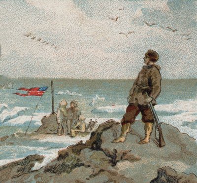 極地の海辺でアメリカ国旗を掲げるアイザック・イスラエル・ヘイズ（1832-1881）。19世紀末のクロモ。 作： Unknown artist