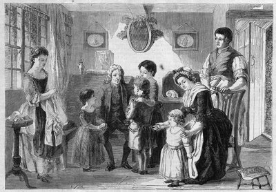 アイザック・ワッツ（1674-1748）イギリスの神学者・教育者で、子供向けの賛美歌や霊歌を作曲した。ランクリーの絵によると「ボーイフレンドを訪ねるワット博士」。The Illustrious Universe」に掲載されている図版 作： Unknown artist