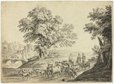 牛、ヤギ、羊を飼う男性と2人の女性のイタリア風風景画 作： Unknown artist