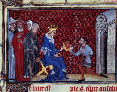 ジャック・ボーシャン、シャルル5世（1338-1380）に自著を献上。 ミニチュアは、サン・カンタンのジャック・ボーシャン（？-1396）による「神の道と聖エリーザベト・フォン・ショナウ（1128-1164）の幻影」からの抜粋で、パリ、B.N. 作： Unknown artist