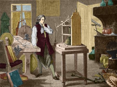 ニューコメン・マシン（1767年）（蒸気機関）の完成を見守るジェームズ・ワット（1896年「科学のアルバム・輝かしい科学者たち・偉大な発見」所収 作： Unknown artist