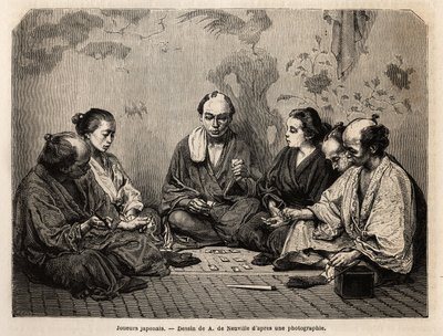 トランプの最中の日本人プレイヤー。1863年から1864年にかけて、スイス連邦公使のアイム・アンベールが、エドゥアール・シャルトンの指導の下、「Le tour du monde, nouveau journal des voyages」に掲載した旅行記、日本を説明するためのエングレーヴィング。 作： Unknown artist