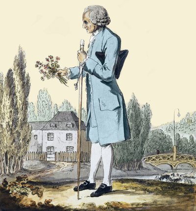 Jean-Jacques Rousseau (1712-78) Gathering Herbs at Ermenonville, June 1778 - 哲学者Jean Jacques Rousseau (1712-1778)がエルメノンヴィルで花を摘んでいる様子を表したもの。 作： Unknown artist