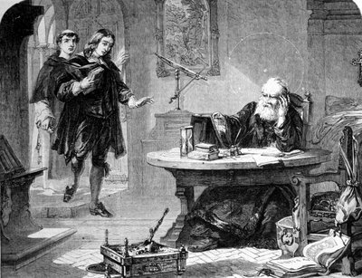 ジョン・ミルトン（イギリスの詩人・エッセイスト）（1608 - 1674）は、ガリレオ・ガリレイ（Galileo）（1564 - 1642）をフィレンツェの異端審問所の独房に訪ねた。エングレーヴィング。1860年頃 作： Unknown artist