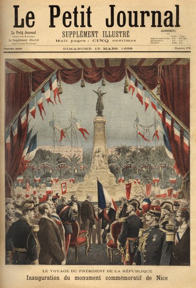 共和国大統領フェリックス・フォール（1841-1899）が、ニース伯爵のフランスへの愛着を記念する記念碑の落成式に参加した際の旅。1896年、「Le petit journal」誌に掲載されたエングレーヴィング。セルバのコレクション。 作： Unknown artist