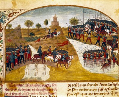 アレクサンダー大王（紀元前356～323年）とその軍勢がタイガーとミニチュア・ユーフラテスを通過する様子。"Book of Facts of Alexander the Great" by Quintus Curtius Rufus (Quinte Curce) (1st century) 1468年頃の作品。(Ms 1335) Reims.ランス市立図書館 作： Unknown artist