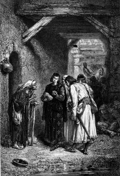 国王ルイ9世またはサン・ルイ（1214 - 1270）は、貧しい人々のパンを調べ、乾燥していることを発見します。 作： Unknown artist